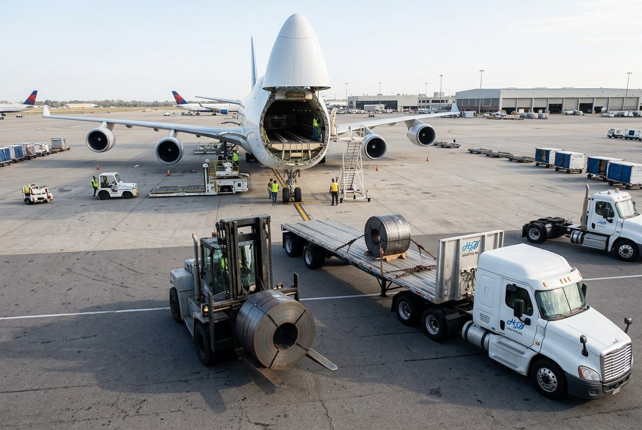 H2O Logistics truck loading a steel coil beside a cargo plane at an airport