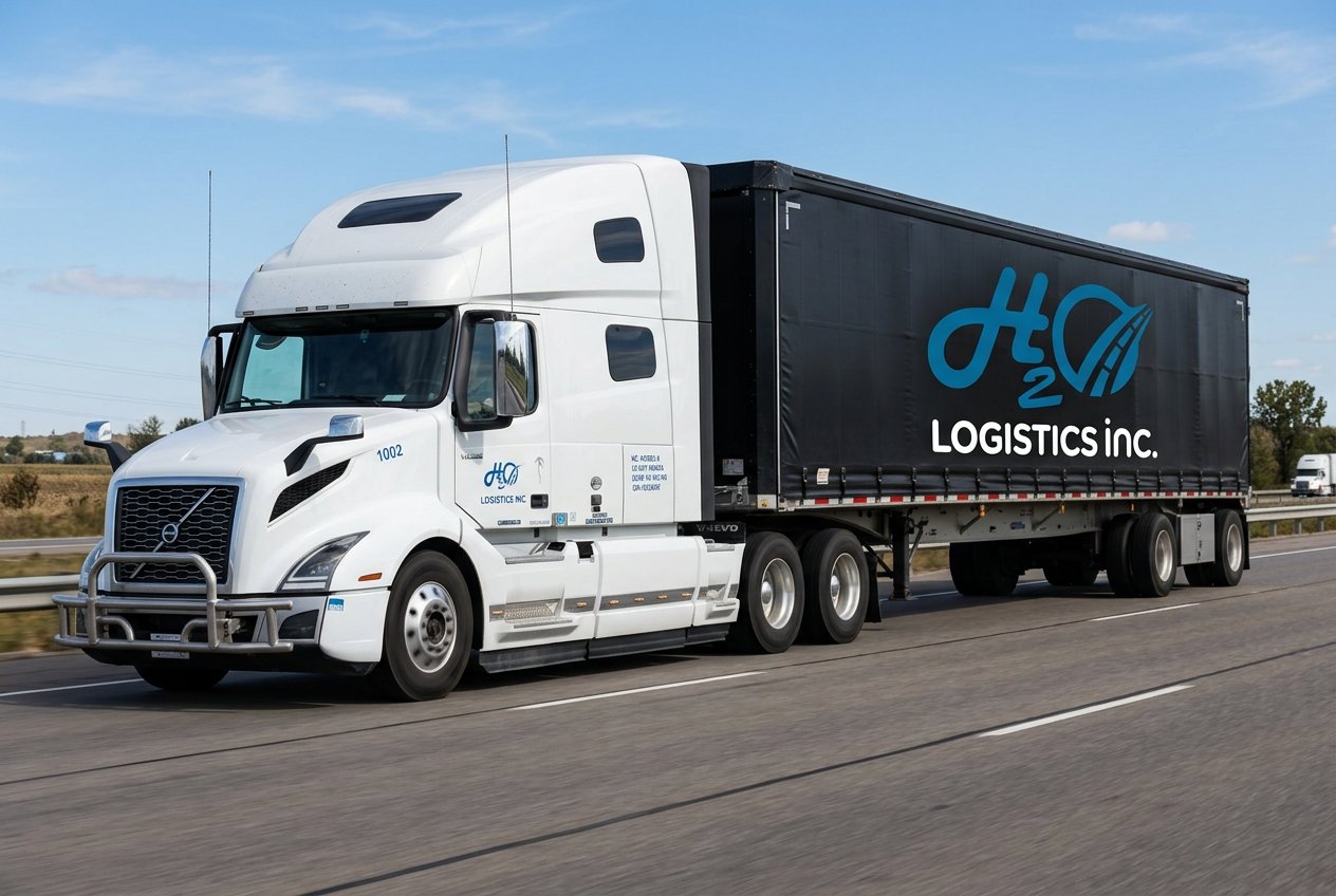 H2O Logistics truck with a black Flatbed Conestoga trailer