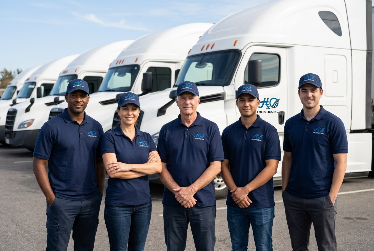 Illustration of professionals in company shirts and caps standing in front of white trucks
